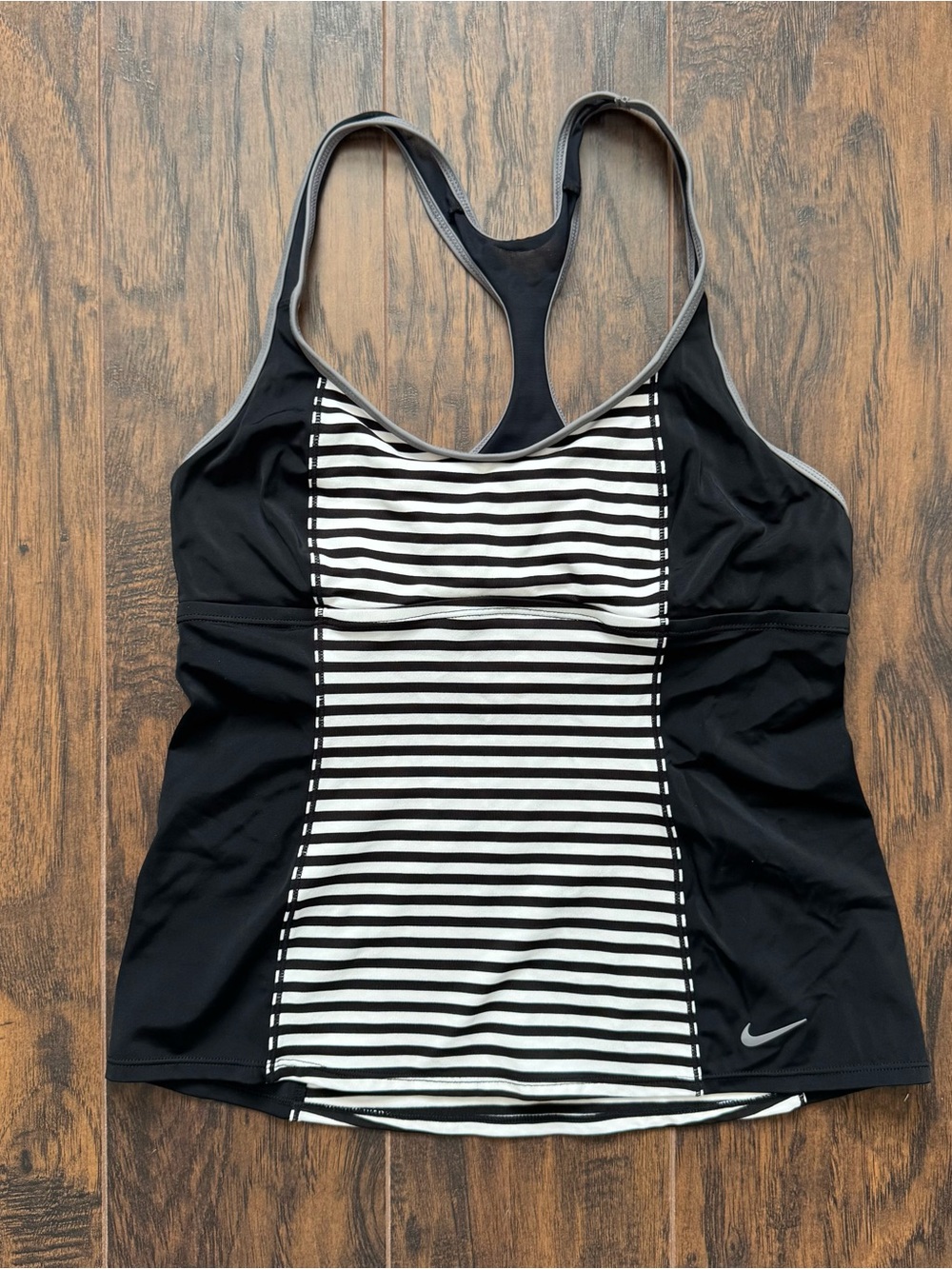 Nike Large Black and White Striped Racerback Tankini Swim Top